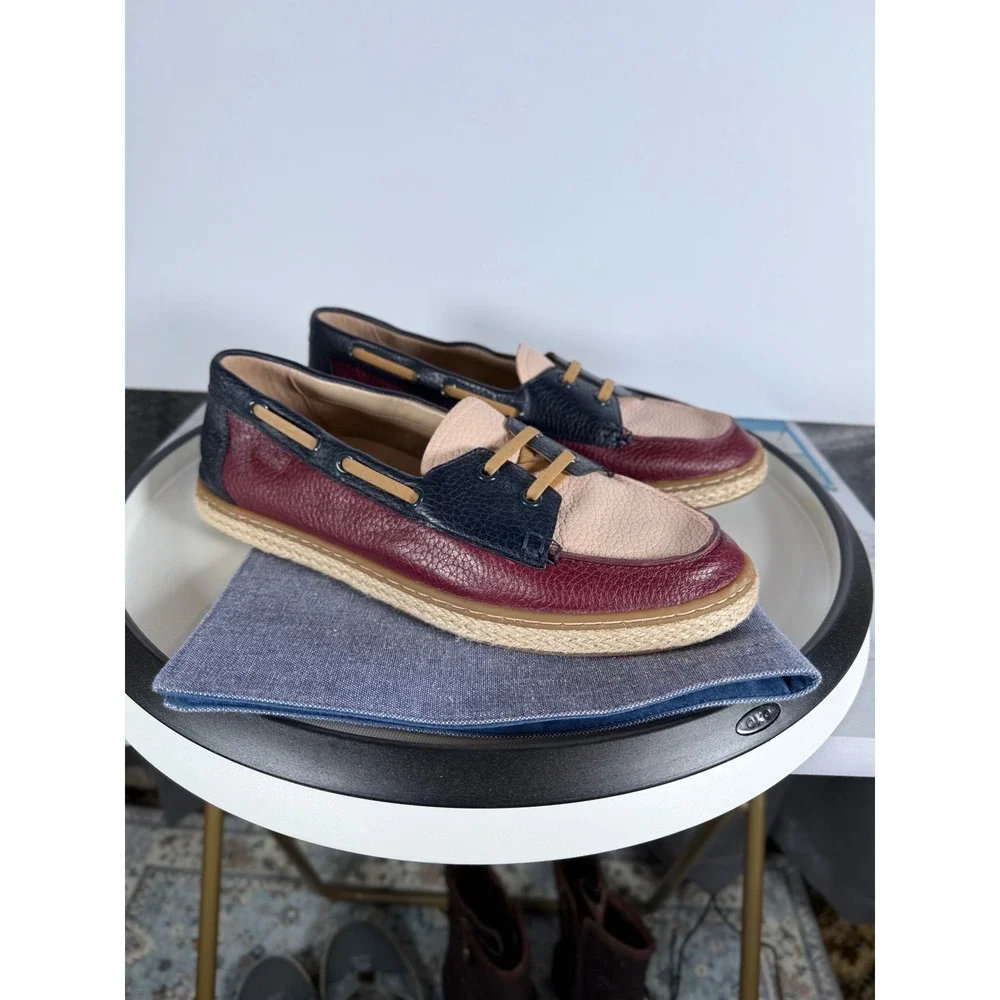 Vionic Bay Boat Shoes Womens 9.5 Navy Burgundy Leather Colorblock Loafers